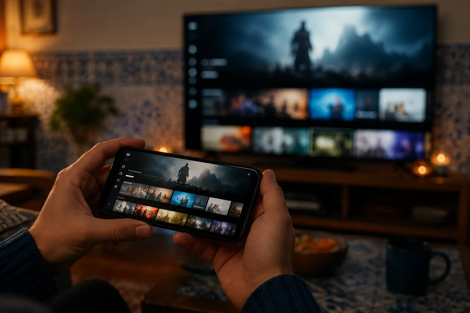 IPTV Portugal num smartphone com interface de streaming genérica sincronizada com uma Smart TV em segundo plano, sala de estar moderna com detalhes em azulejos portugueses.