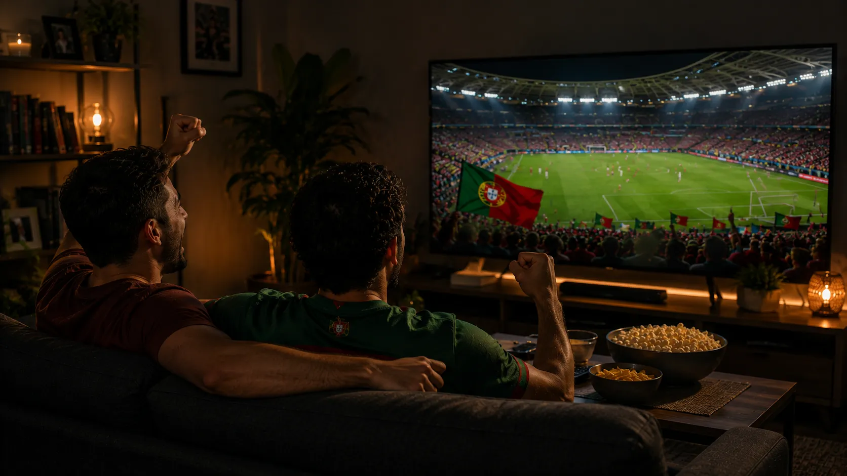 IPTV Portugal numa Smart TV com dois amigos a celebrar enquanto assistem a futebol em direto com streaming estável em 4K.